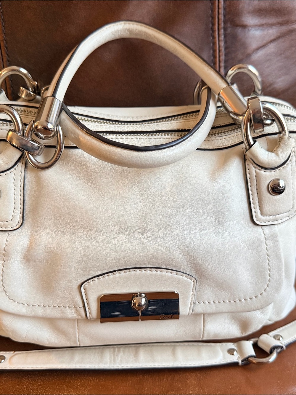 Coach Cream Leather Shoulder Bag with Silver Hardware